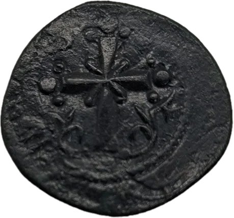 Reverso ampliado da moeda TH-N-0010 — Follis anônimo Classe I. Nicéforo III Botaniates. Constantinopla, 1078 a 1081 d.C. Sear 1889