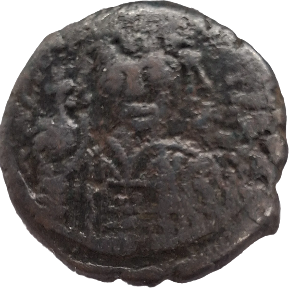 Anverso da moeda TH-N-0125 — Justino II e Sofia. Fólis de 40 nummi. Constantinopla, 566 a 567 d.C.