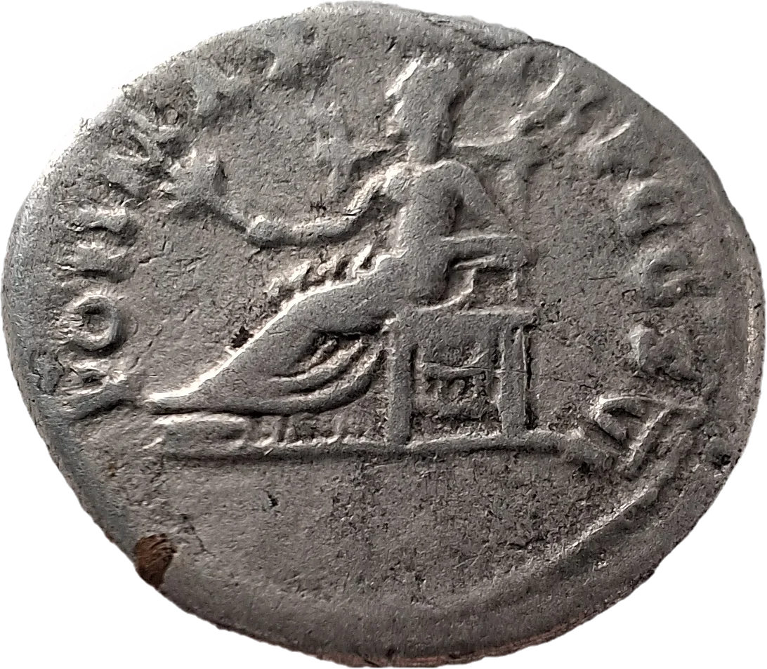 Reverso da moeda TH-N-0347 — Vespasiano. Denário de prata. Pax sentada. Roma, 75 d.C. RIC II.1² 772