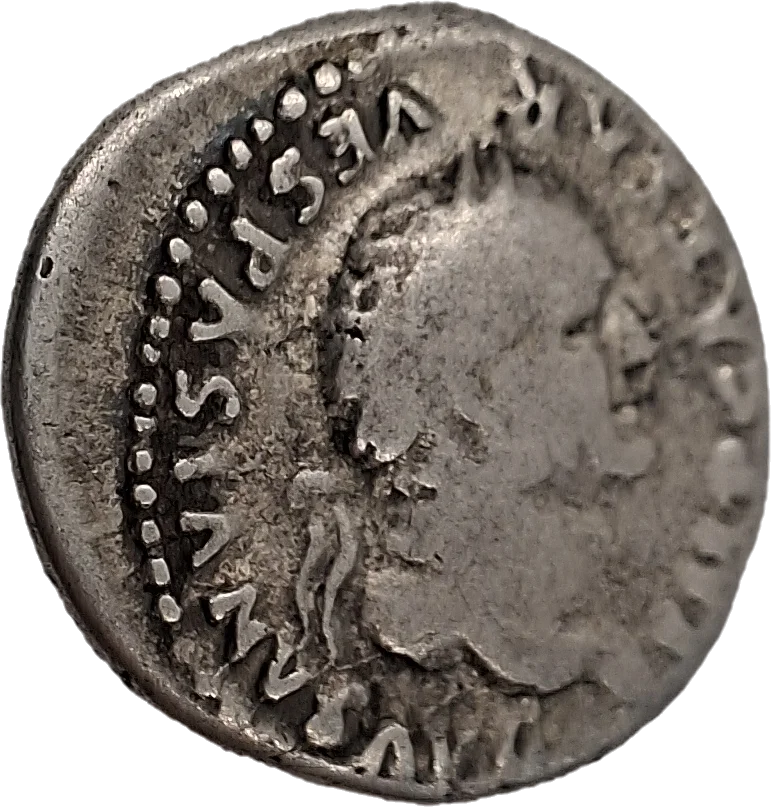 Lateral da moeda TH-N-0347 — Vespasiano. Denário de prata. Pax sentada. Roma, 75 d.C. RIC II.1² 772